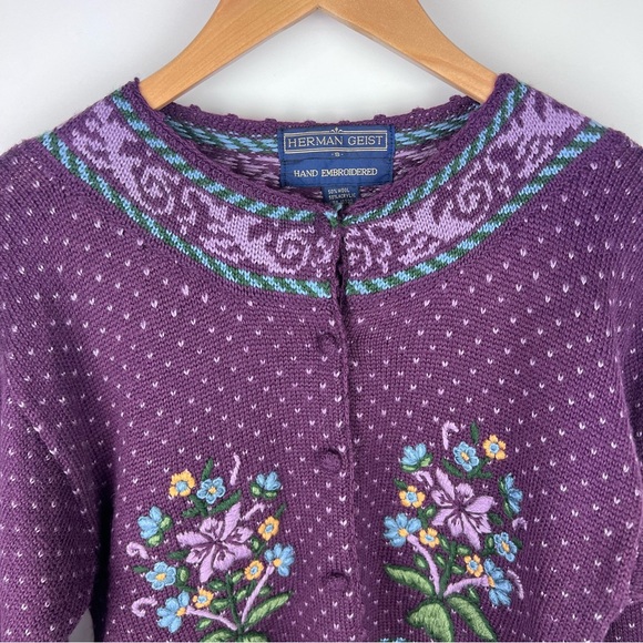 Herman Geist Vintage Hand Embroidered Purple Floral Wool Blend Cardigan Sweater - Picture 3 of 9